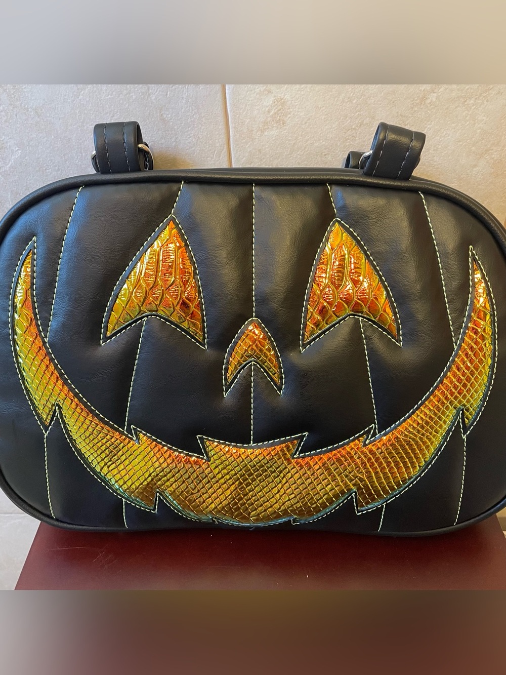 NEW LOVE PAIN & STITCHES HANDCRAFTED BLACK IRIDESCENT TOTE BAG Pumpkin Spiderweb